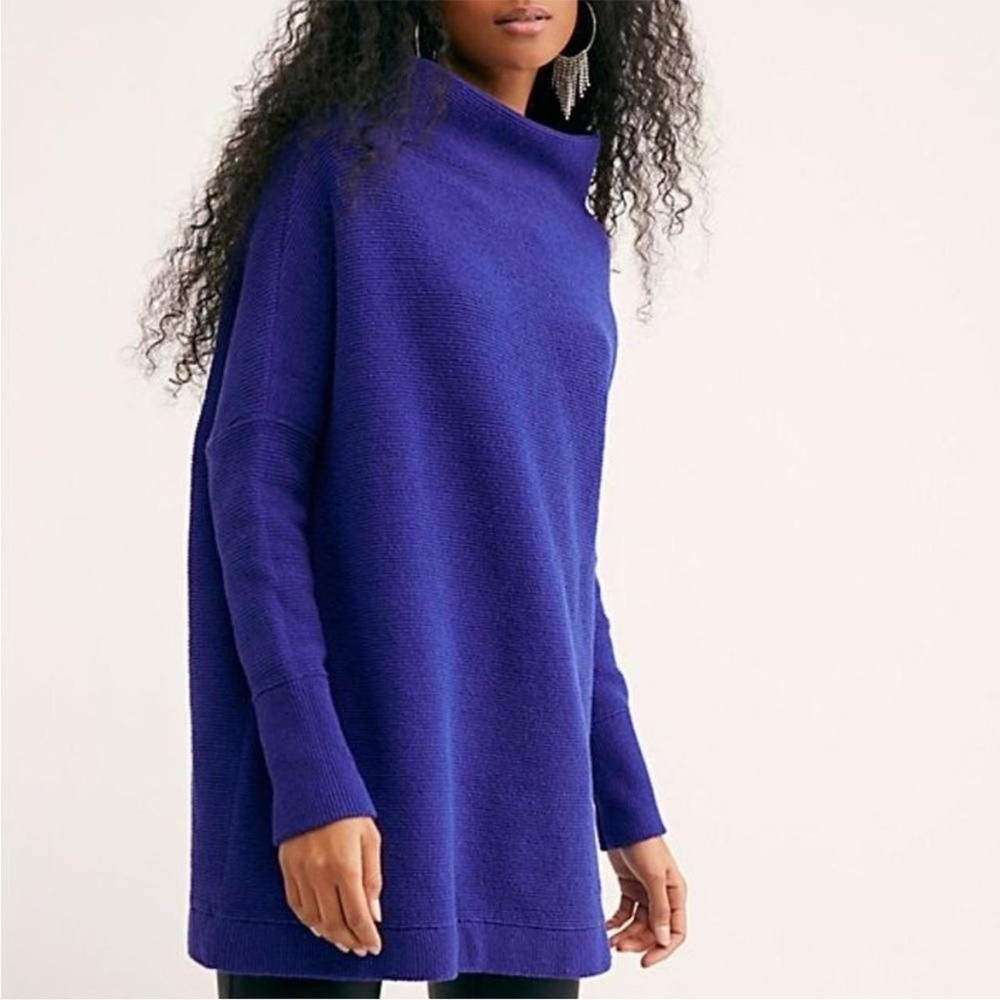 Free People Ottoman Slouchy Tunic Sweater Purple Blue Mock Neck Ribbed Small